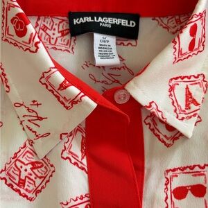 Karl Lagerfeld Red & White Stamp-Print Silk Shirt